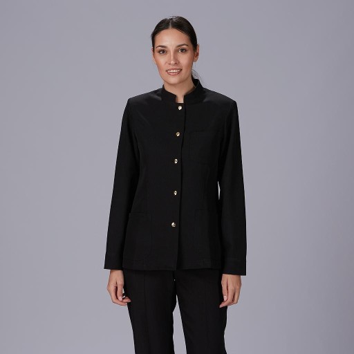 Chaqueta Mujer Cuello Mao Negra con Botón Dorado| Workers Uniformes