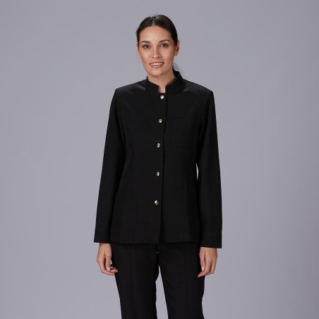 Chaqueta Mujer Cuello Mao Negra con Botón Dorado| Workers Uniformes